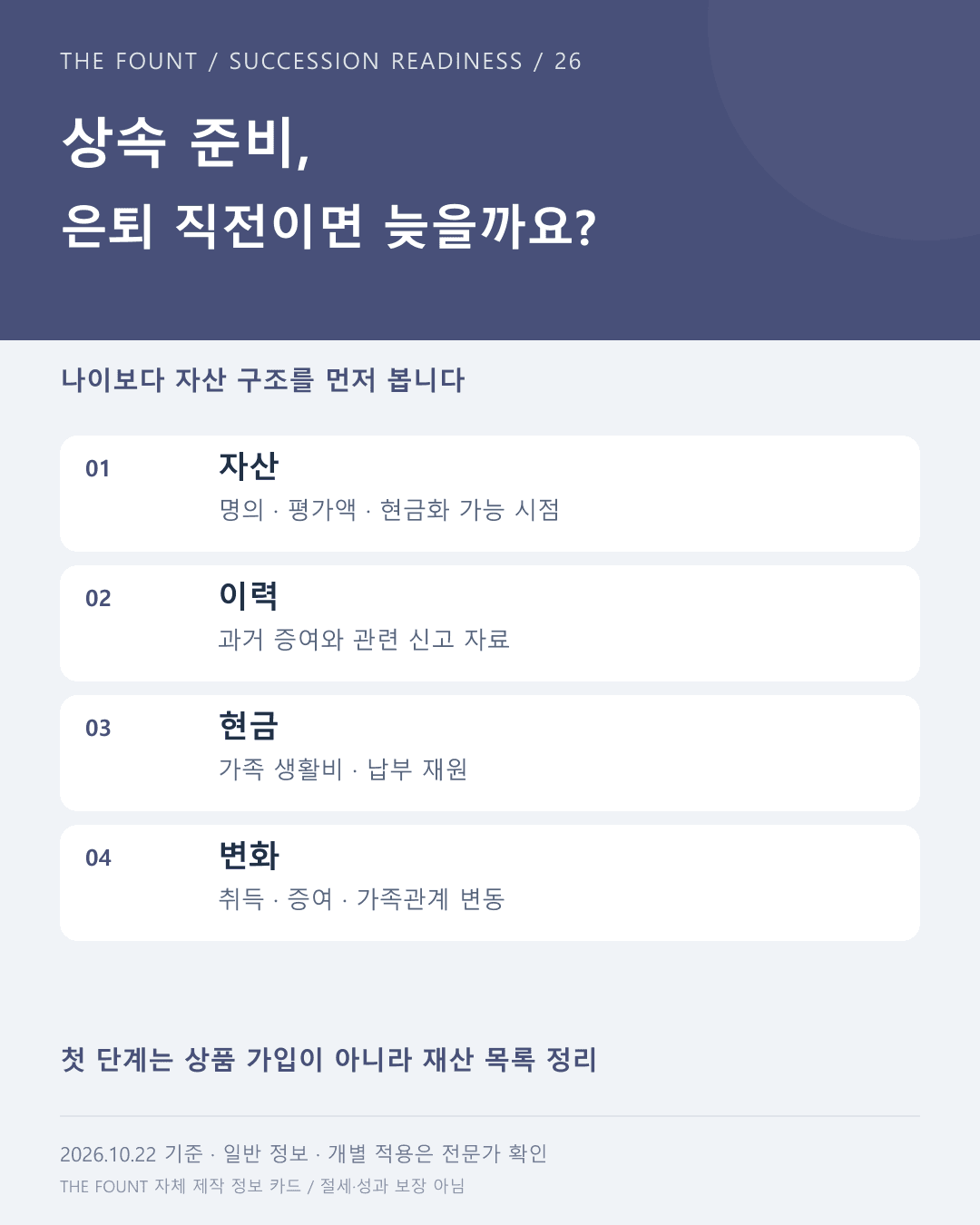 상속 준비, 은퇴 직전이면 늦을까요? — 해당 글 전용 자체 제작 정보 카드