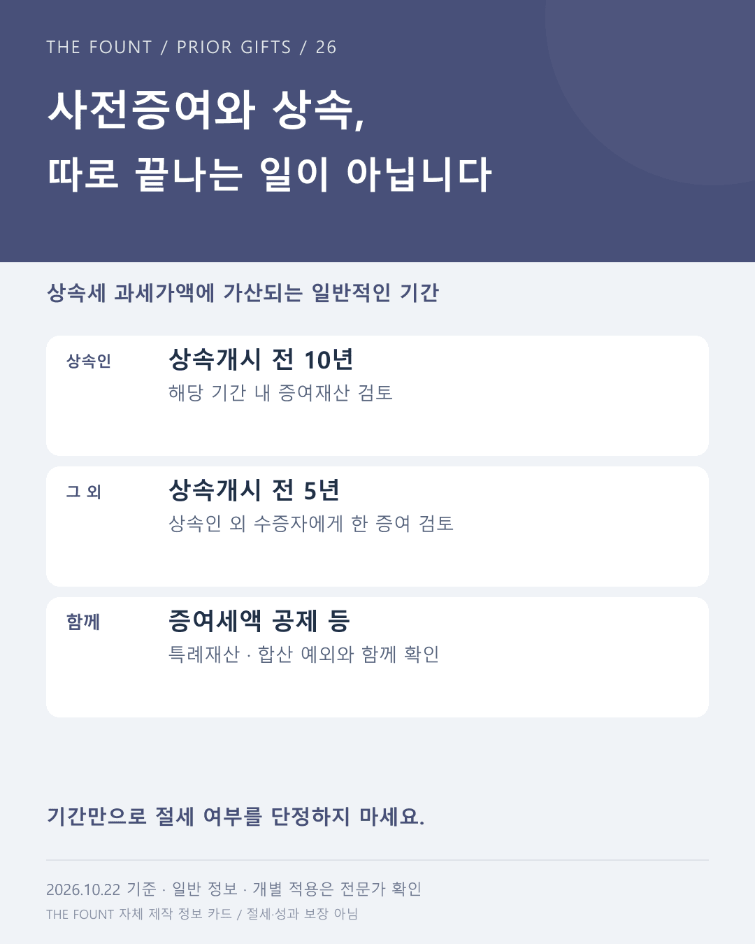 사전증여와 상속, 따로 끝나는 일이 아닙니다 — 더파운트 자체 제작 정보 카드