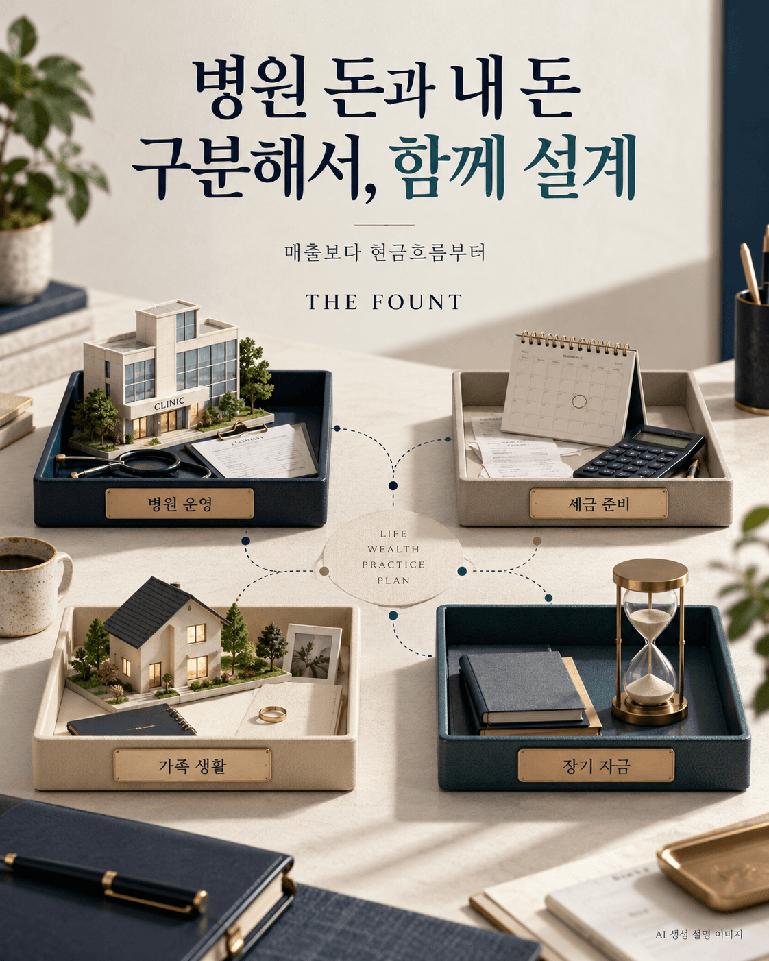 병원 운영·세금·가족 생활·장기자금을 네 개의 트레이로 구분한 AI 설명 이미지
