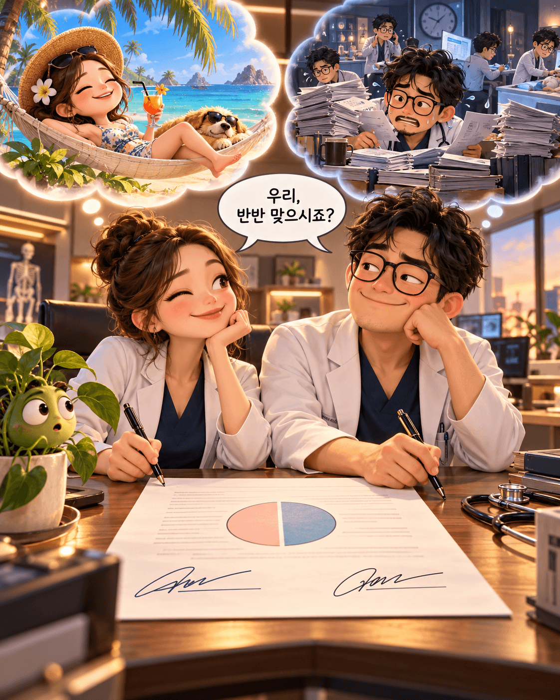 공동개원 계약서에 서명하며 서로 다른 운영 기대를 떠올리는 원장님들의 코믹한 AI 설명용 일러스트