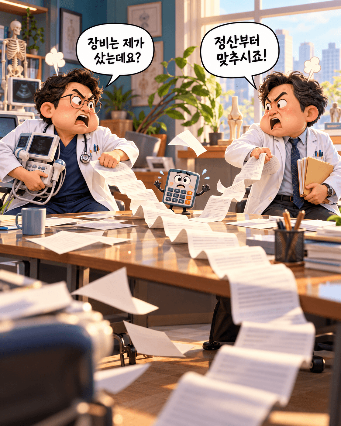 장비와 정산서를 두고 티격태격하는 두 원장님과 당황한 계산기 캐릭터를 표현한 코믹한 AI 설명용 일러스트